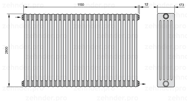 Схема (чертеж) Радиатор Zehnder Charleston 5280/25 №1670 Белый глянцевый RAL 9016